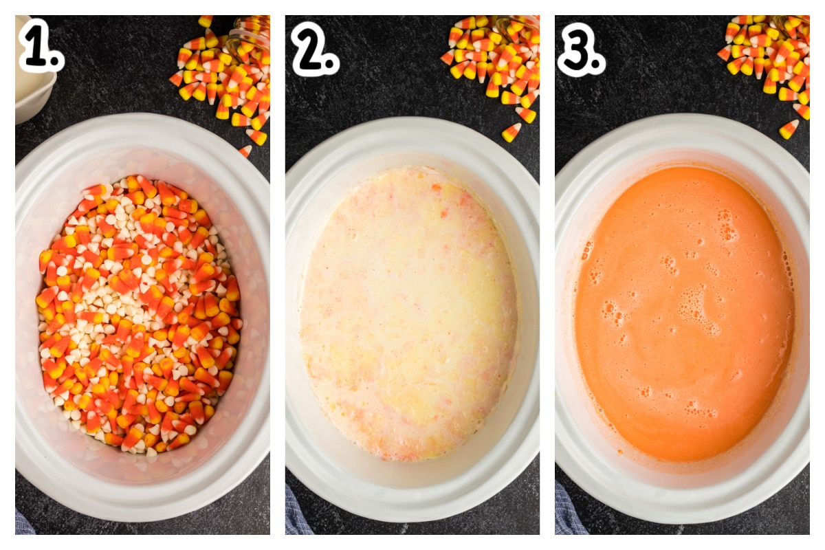 3 images about how to make candy corn hot chocolate in a slow cooker.