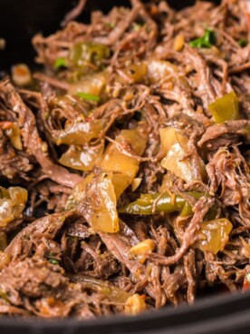 close up of carne asada, shredded in crockpot.