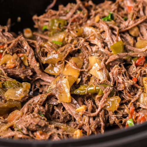 close up of carne asada, shredded in crockpot.