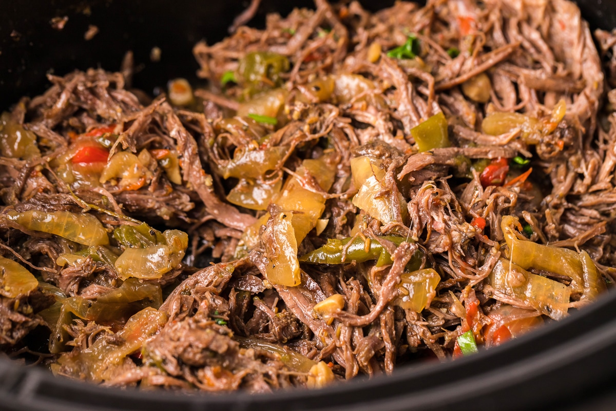 close up of carne asada, shredded in crockpot.