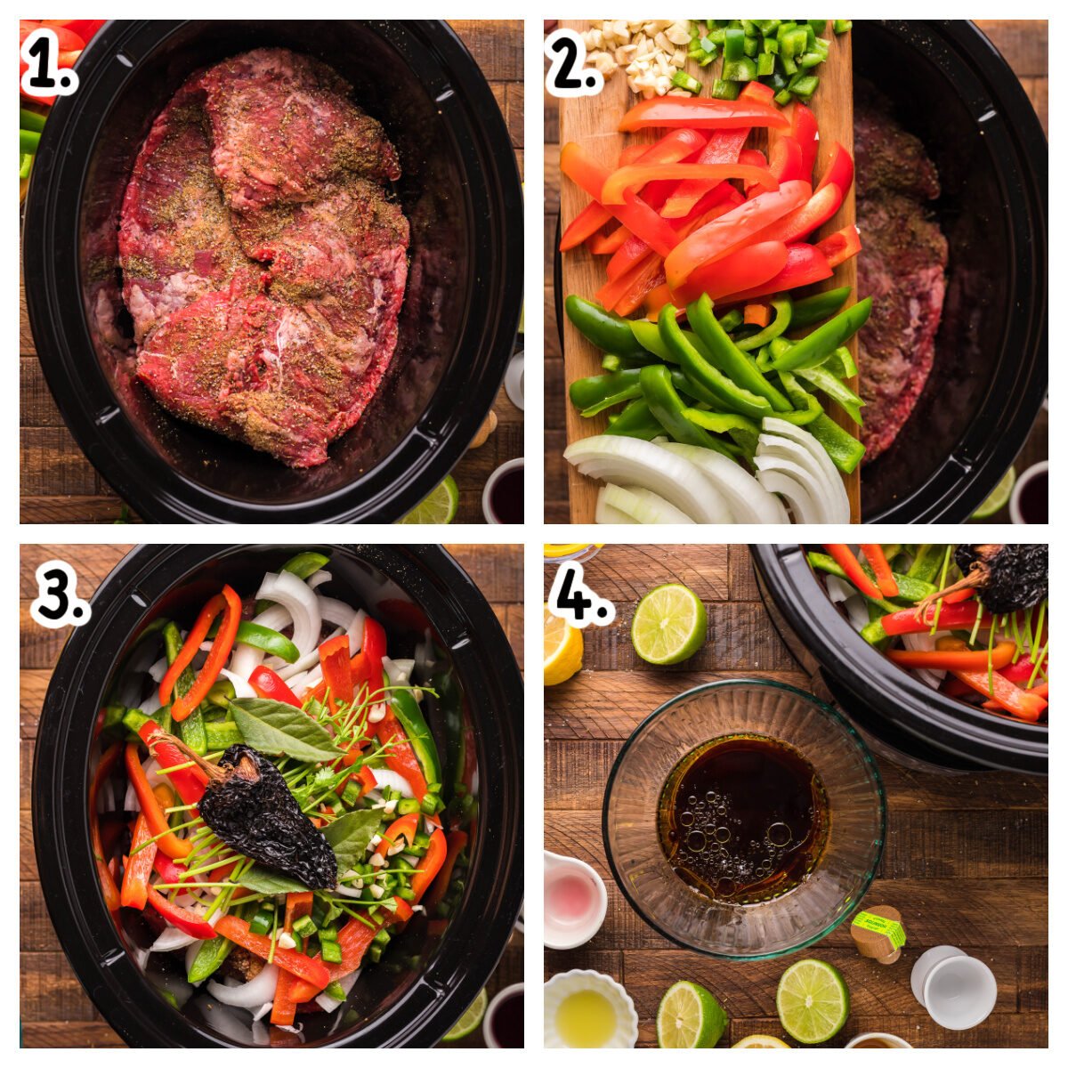 4 images about how to assemble carne asada meat, vegetable and sauce in slow cooker.