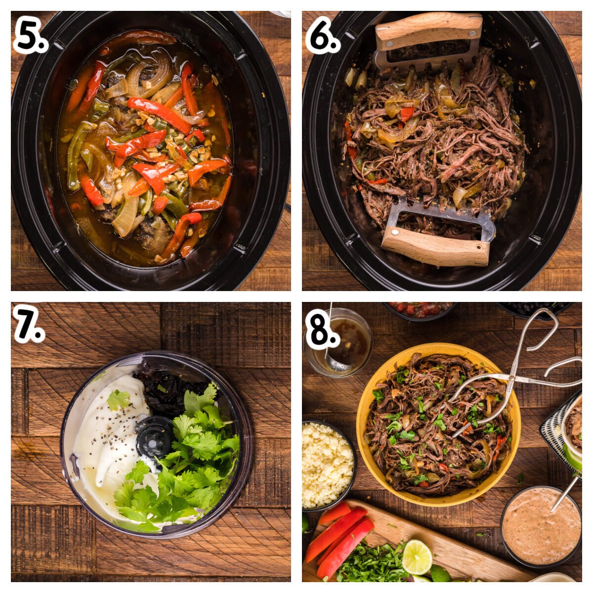 4 images about how to shred carne asada and make a crema sauce.