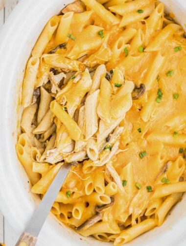 Close up of cheesy chicken penne in slow cooker.