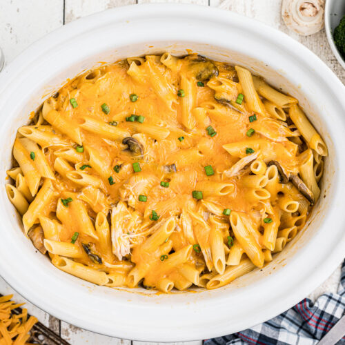 overhead image of cooked chicken penne with cheese.