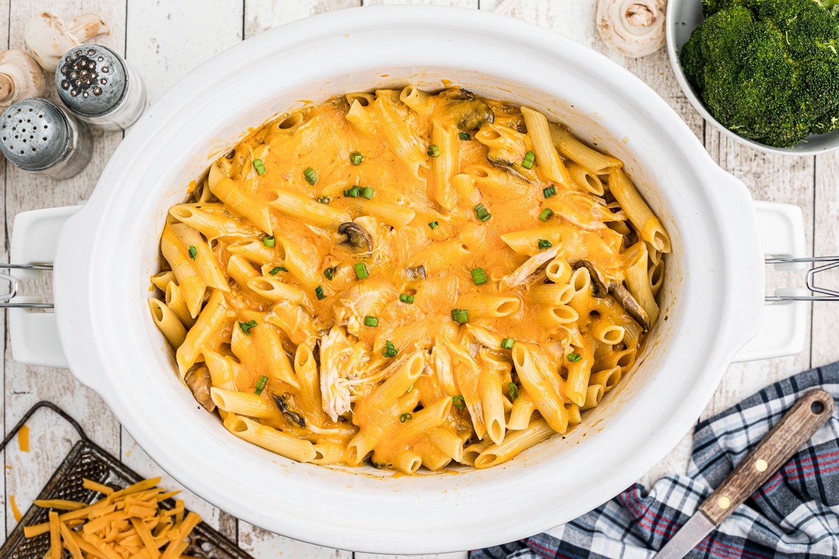 overhead image of cooked chicken penne with cheese.