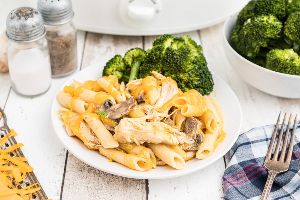 Plate with cheesy chicken penne and broccoli.