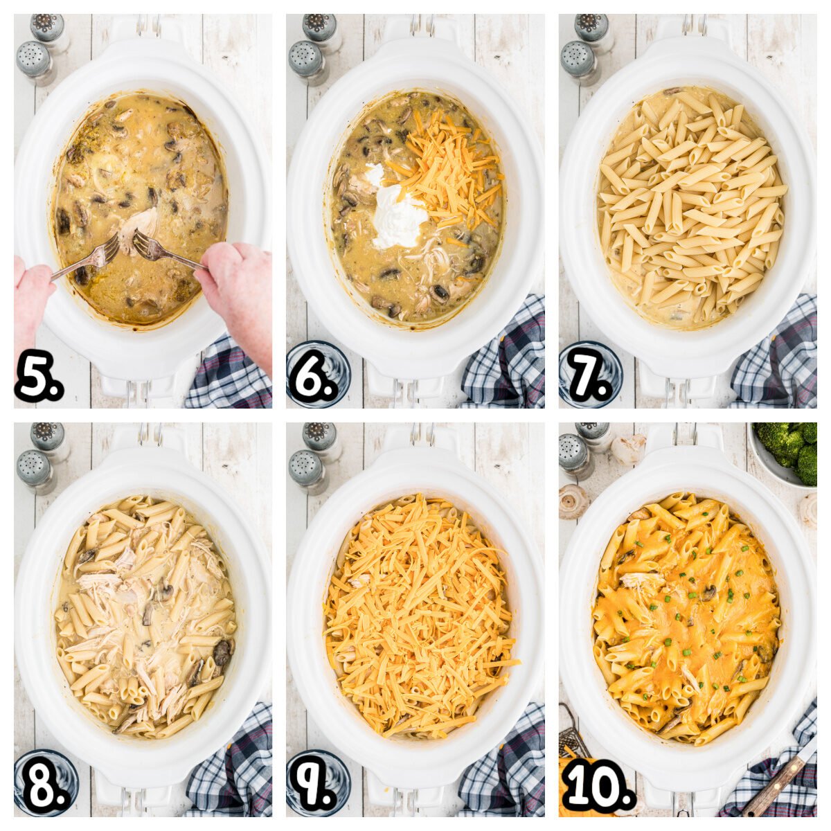 6 images about how to shred chicken, add sour cream, cheese and pasta to slow cooker. Top with more cheese.