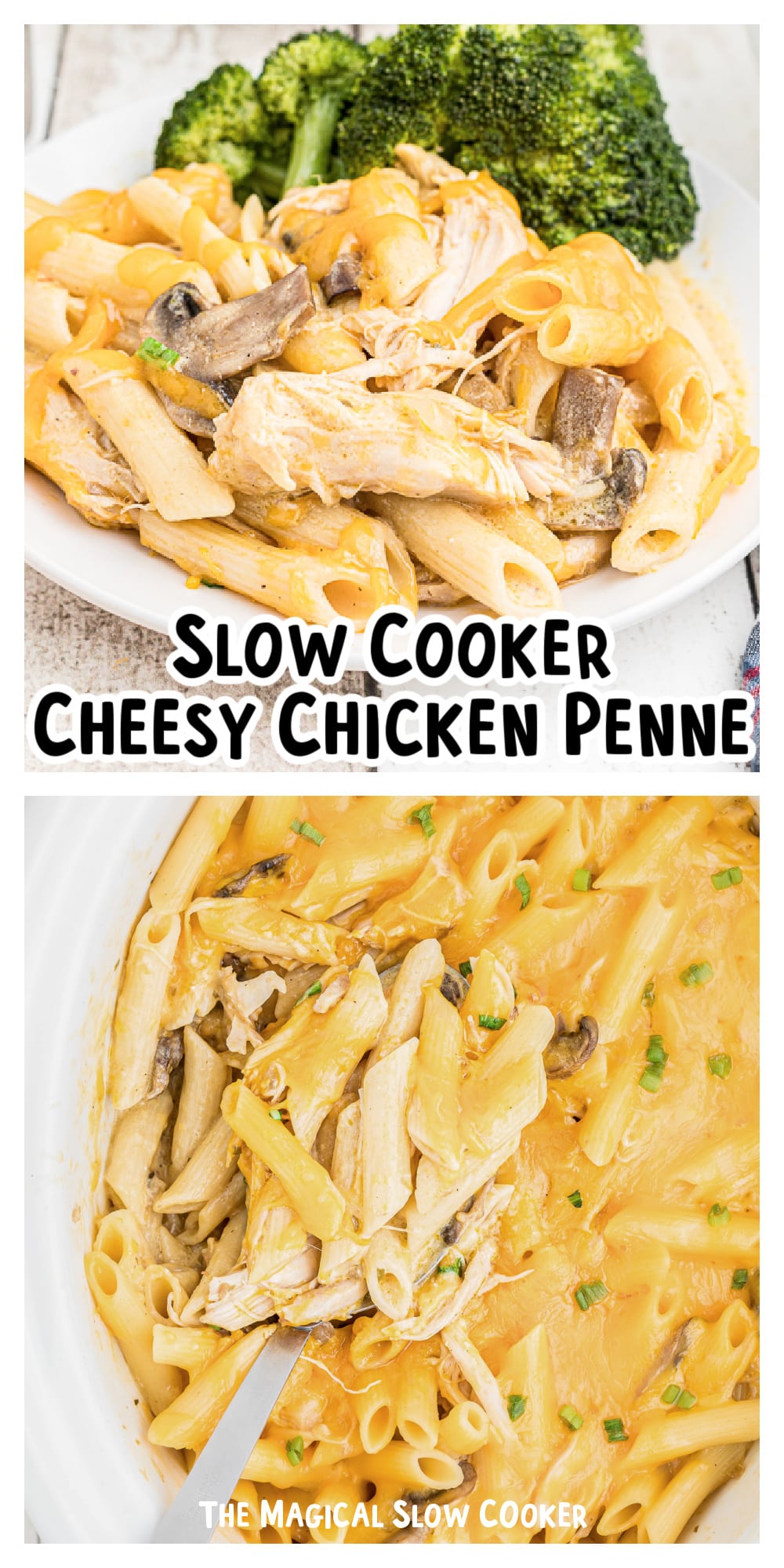 Long image of cheesy chicken penne for pinterest.