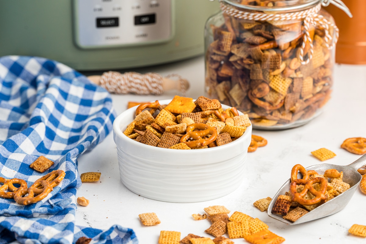 Chex mix in a bowl.