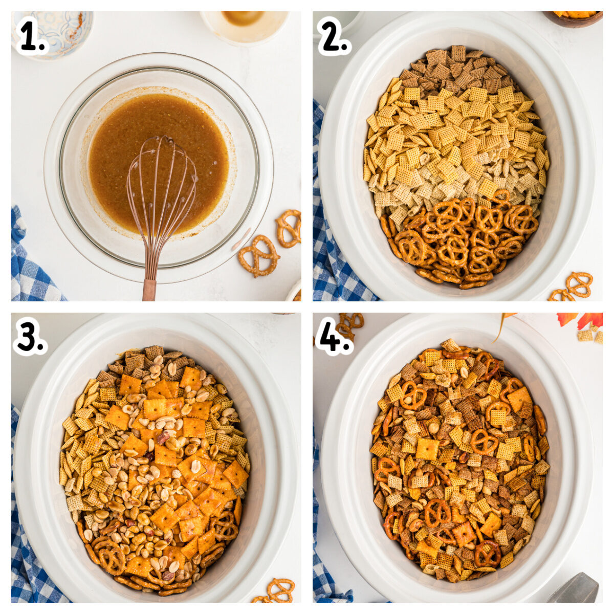 Four images about how to assemble chex mix in the slow cooker.