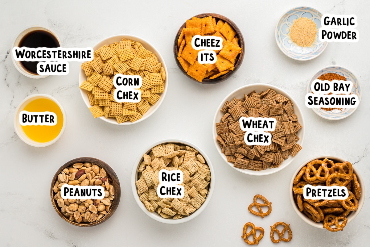 Ingredients for chex mix on table.