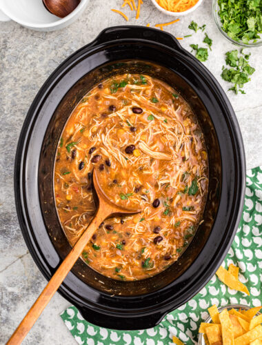 chicken tortilla soup with wooden spoon in it.