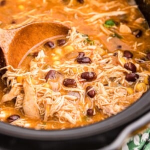 close up of chicken tortilla soup with wooden spoon in it.