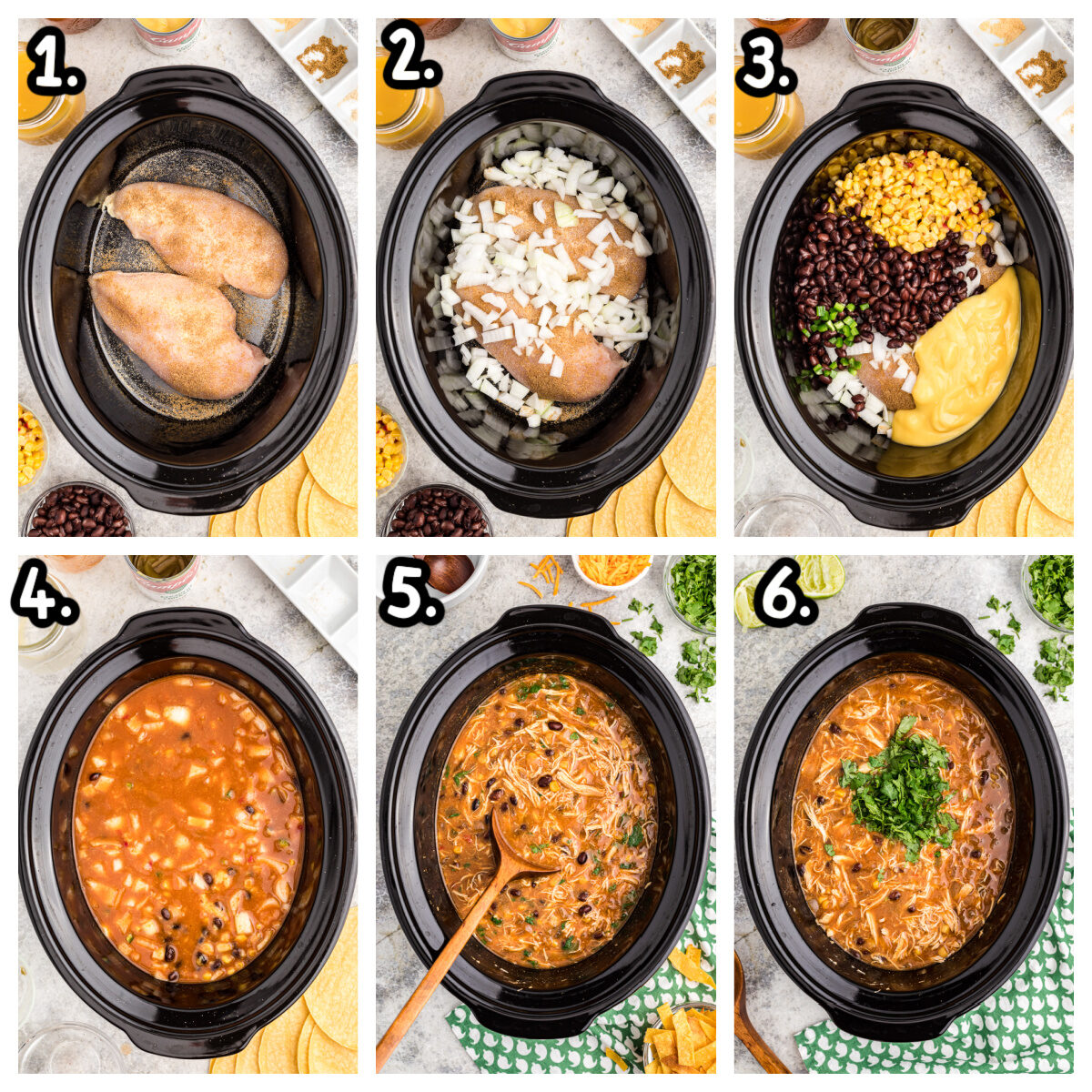 Collage about how to assemble chicken tortilla soup in the crockpot.