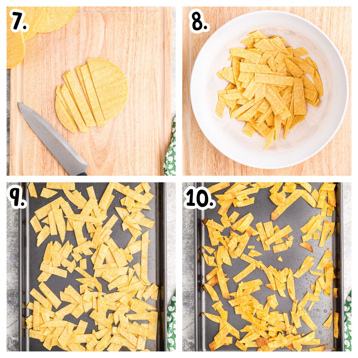 Collage about how to make tortilla strips in the oven.