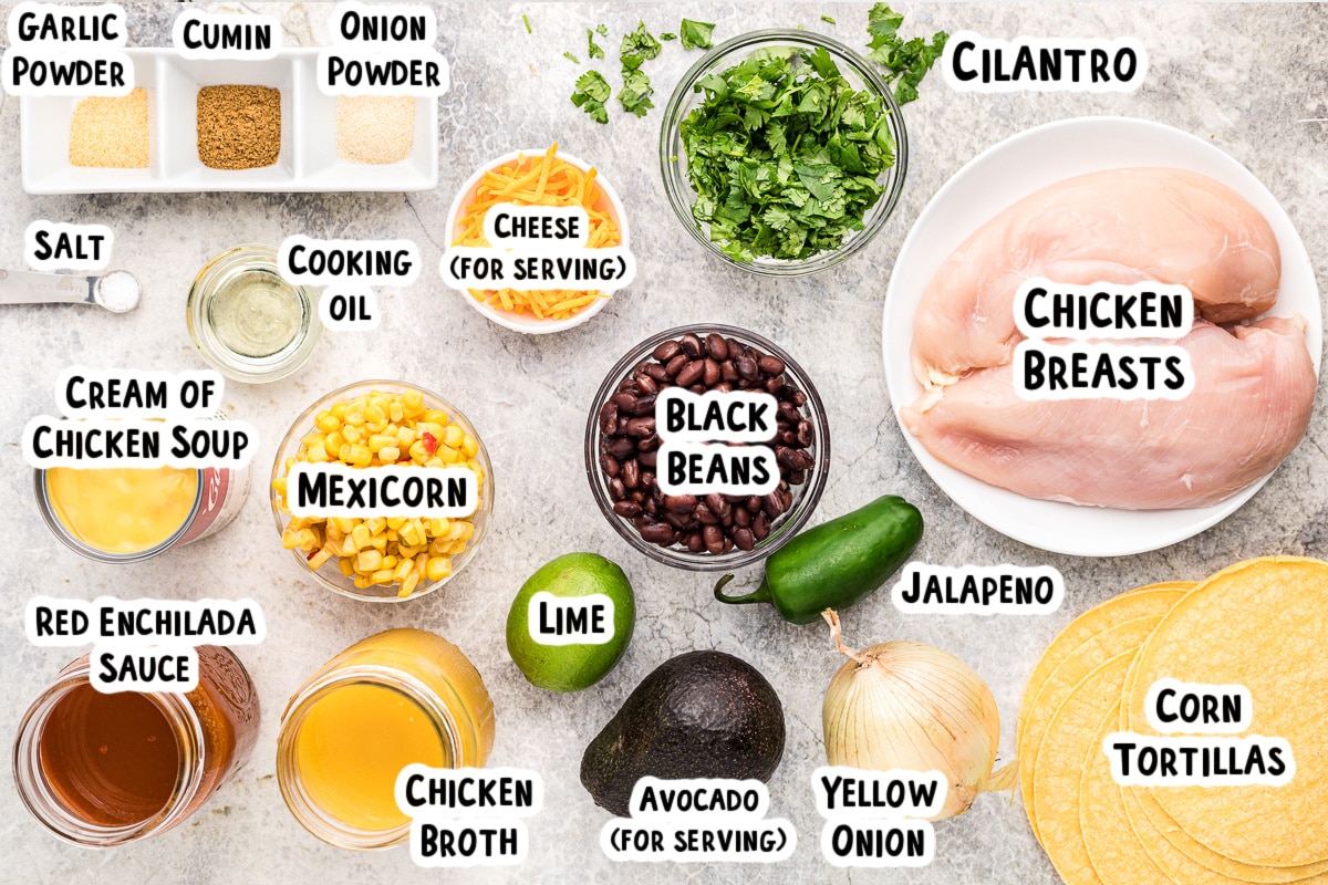 ingredients for chicken tortilla soup on a table.