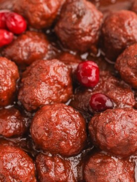 close up of cranberry meatballs.