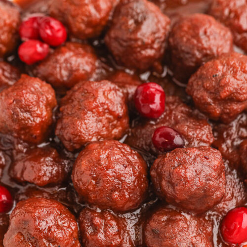 close up of cranberry meatballs.