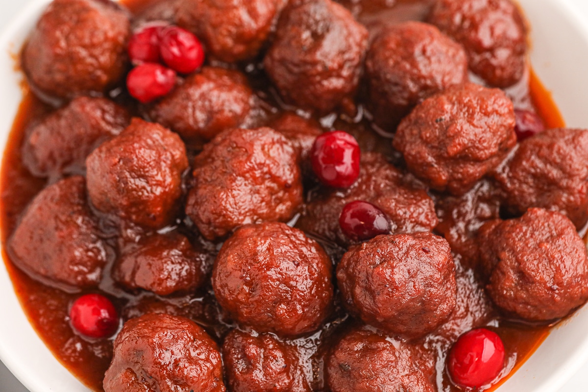 close up of cranberry meatballs.