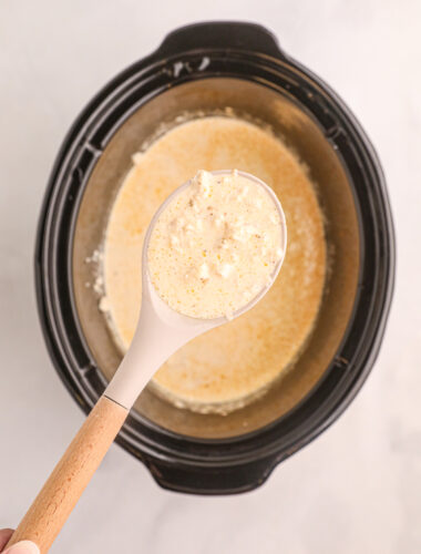 overhead shot of cream of crab soup with soup in ladle.