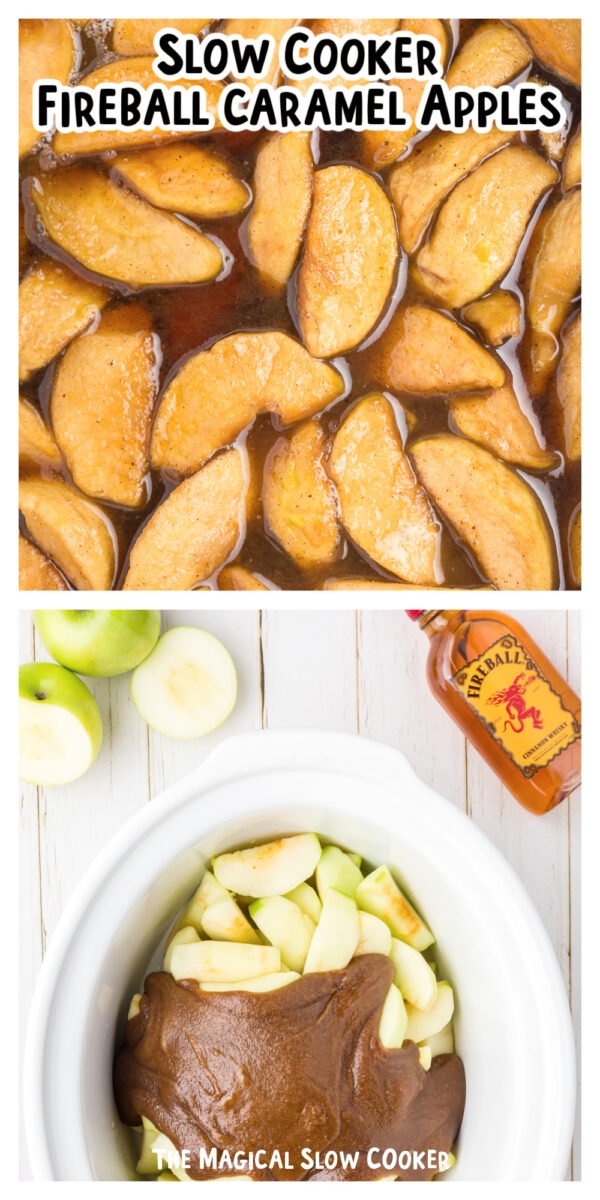 Long image of fireball caramel apple images with text overlay for pinterest.