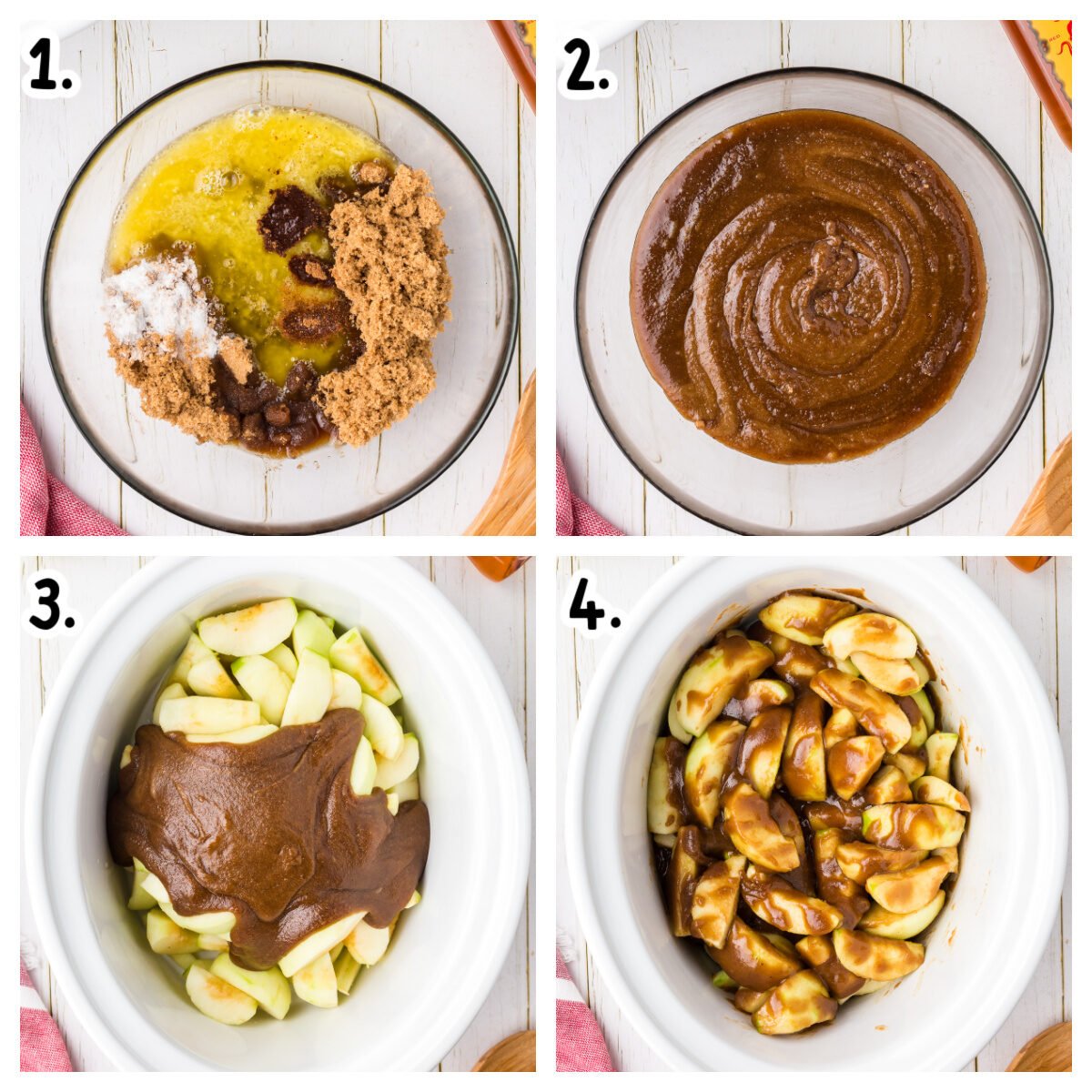 Four images about how to mix a caramel sauce and put in slow cooker with apples.