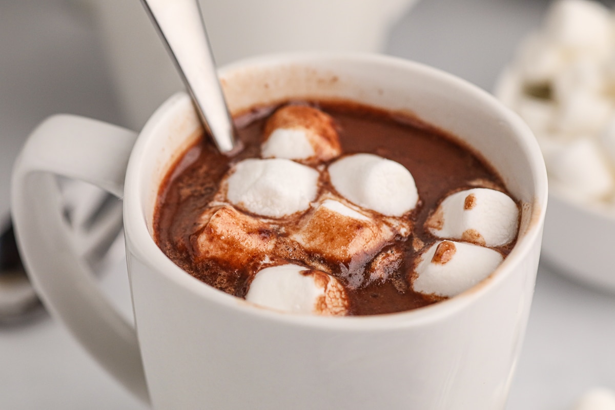 close up of hot chocolate with spoon in it.