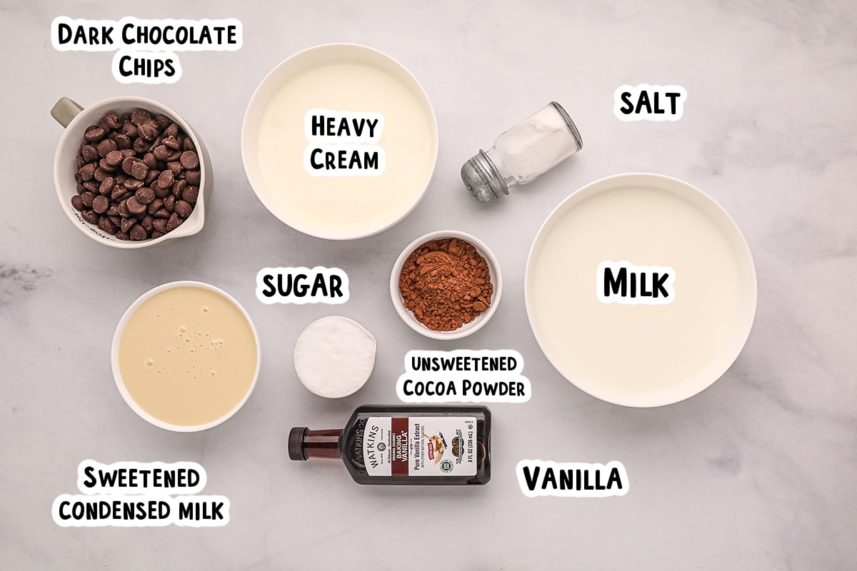 Ingredients for hot chocolate on a table.