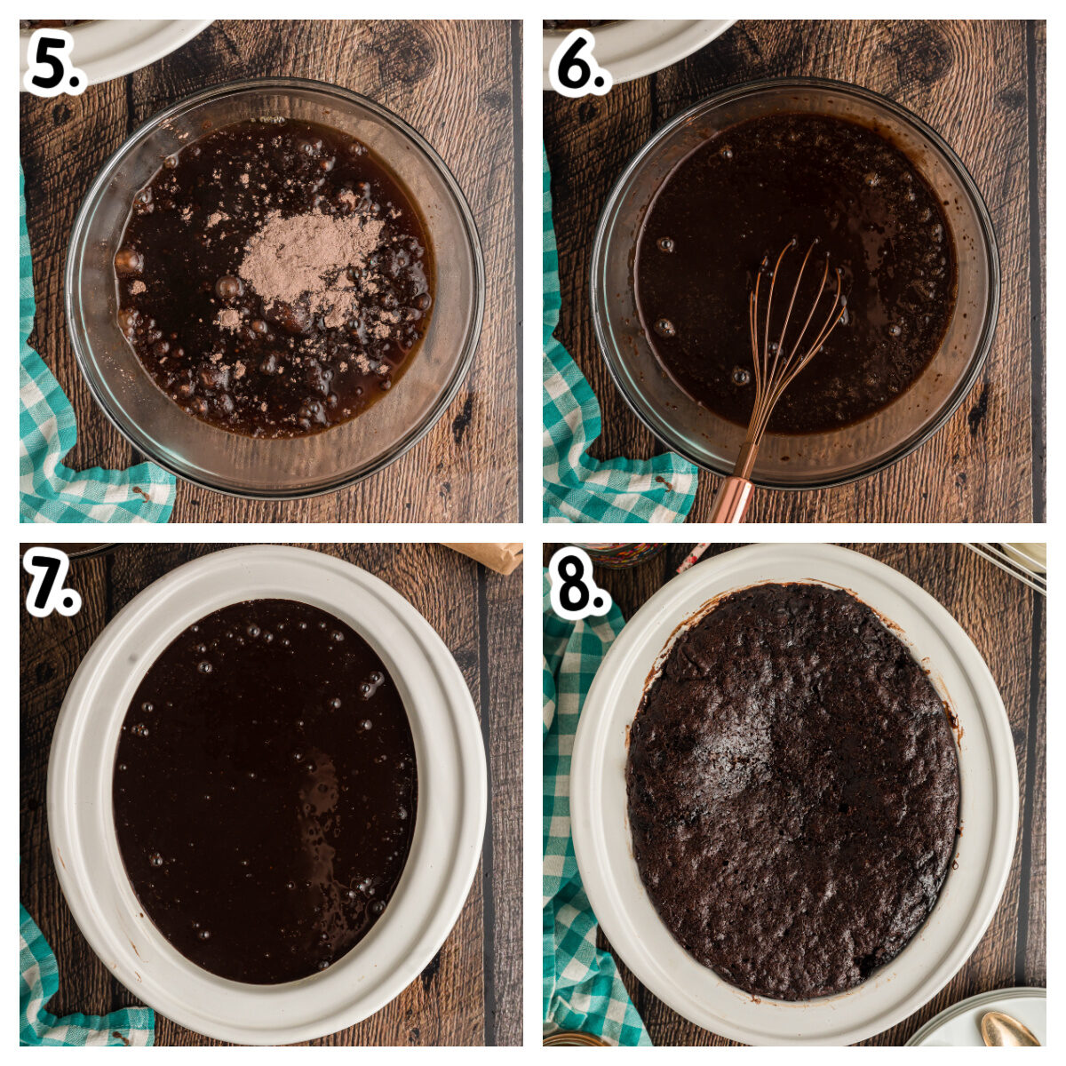 4 images showing hot to make pudding mix and cook hot fudge cake in slow cooker.