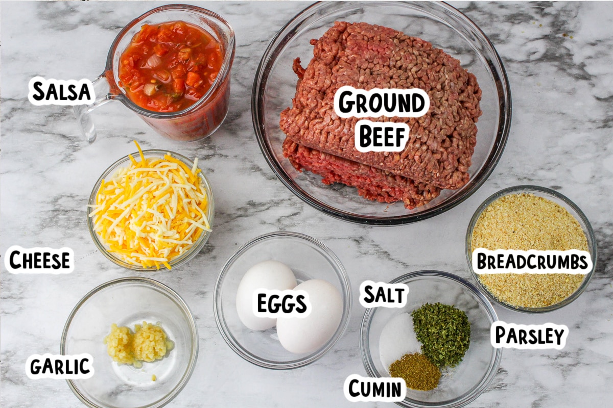 ingredients for salsa meatloaf on table.