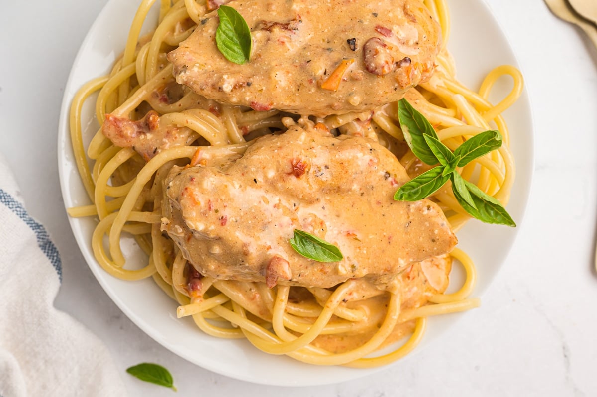 close up of marry me chicken and noodles.