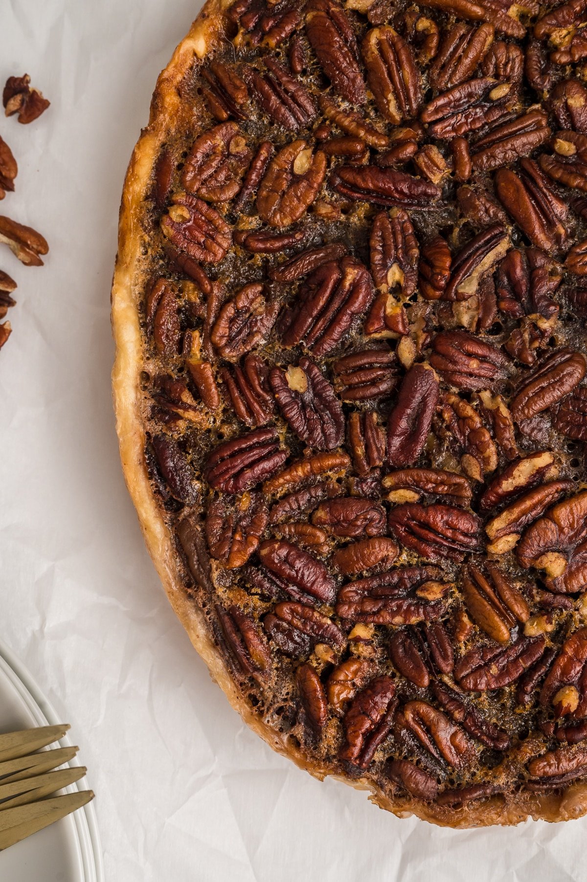 Close up of cooked pecan pie.