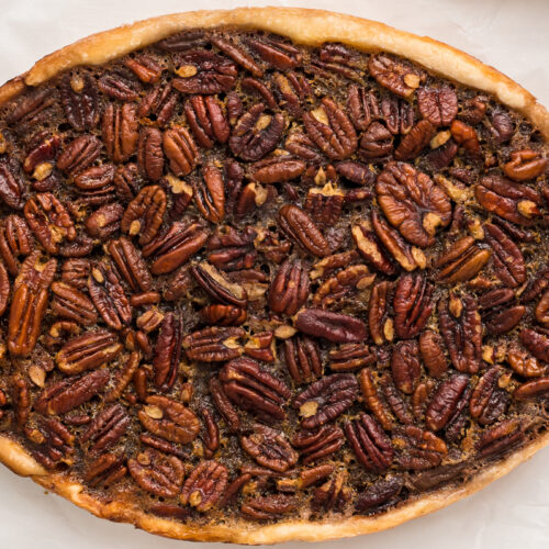 close up of pecan pie.