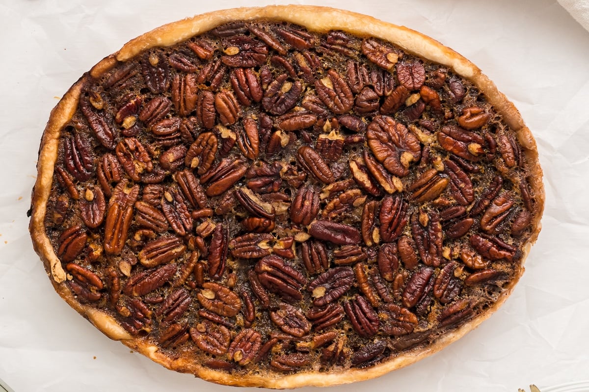 close up of pecan pie.