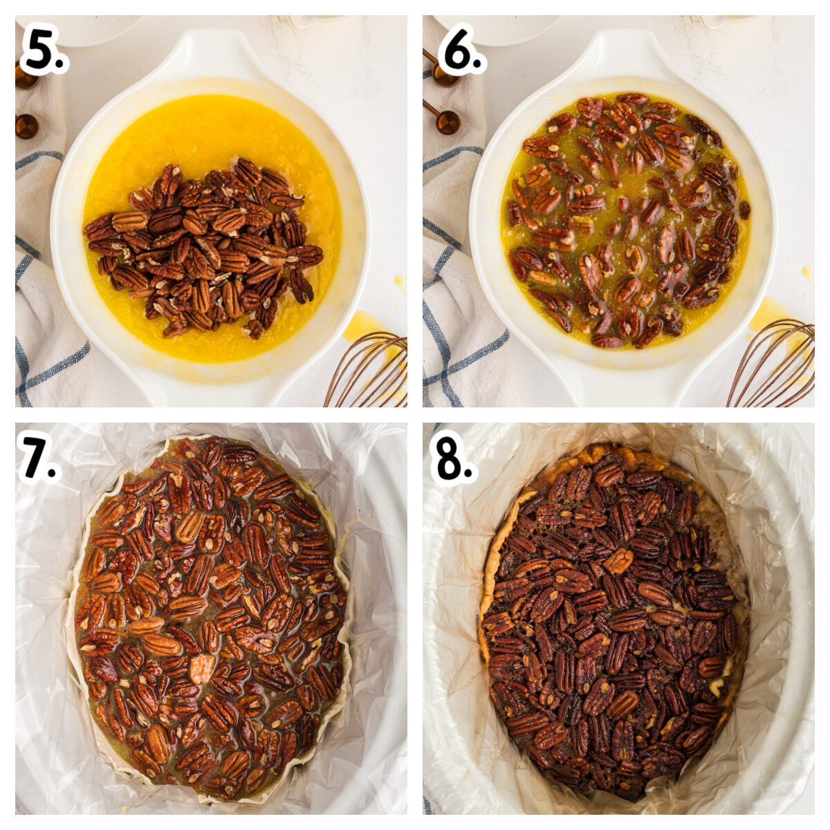four images about how to make filling for pecan pie and put in crust in crockpot.