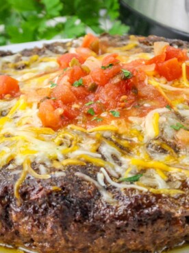 close up of salsa meatloaf on plate.