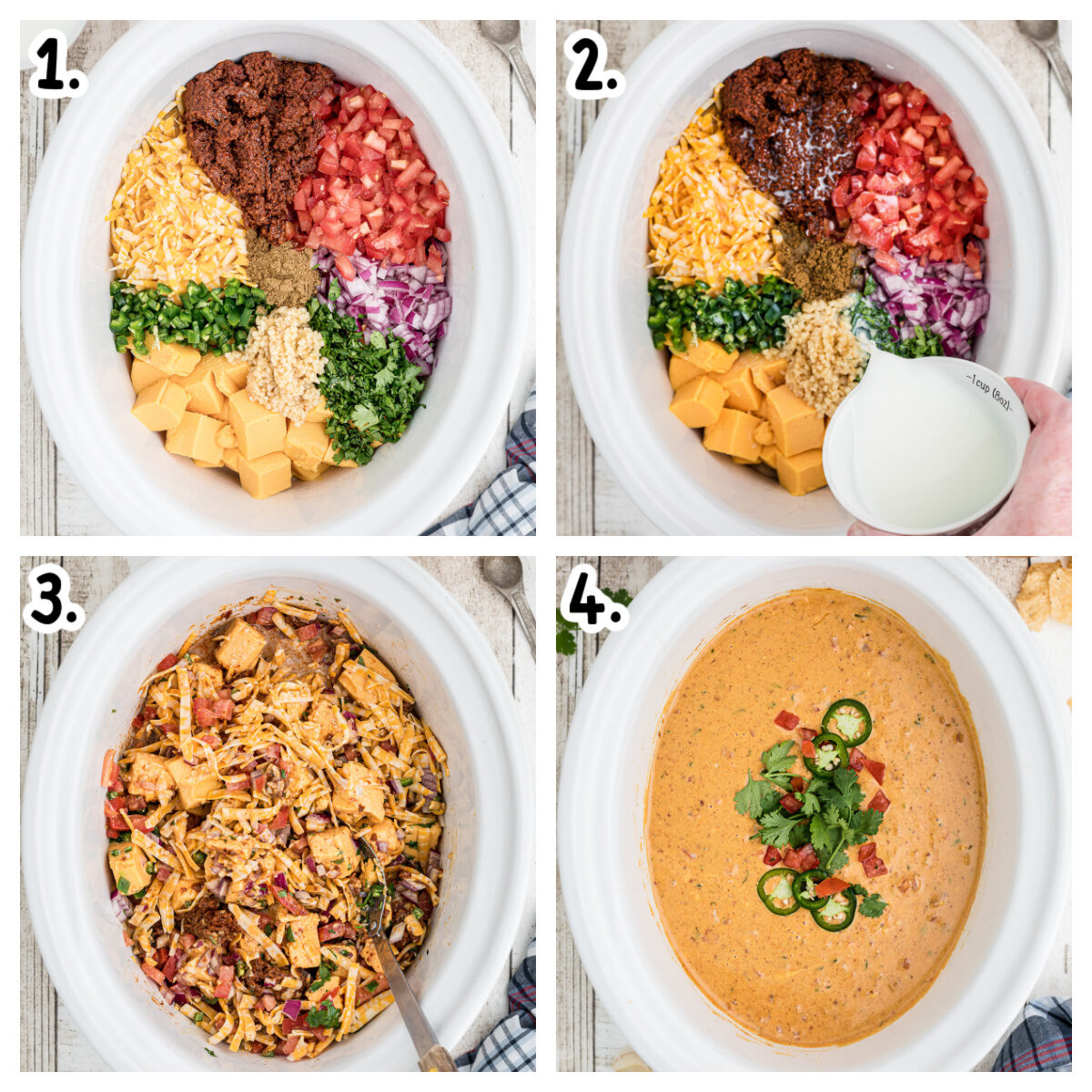 4 images showing how to make smoked queso with liquid smoke in a crockpot.