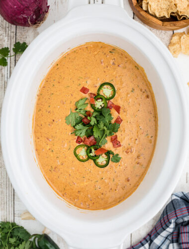 Smoked queso cooked in the crockpot.