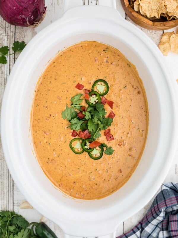 Smoked queso cooked in the crockpot.