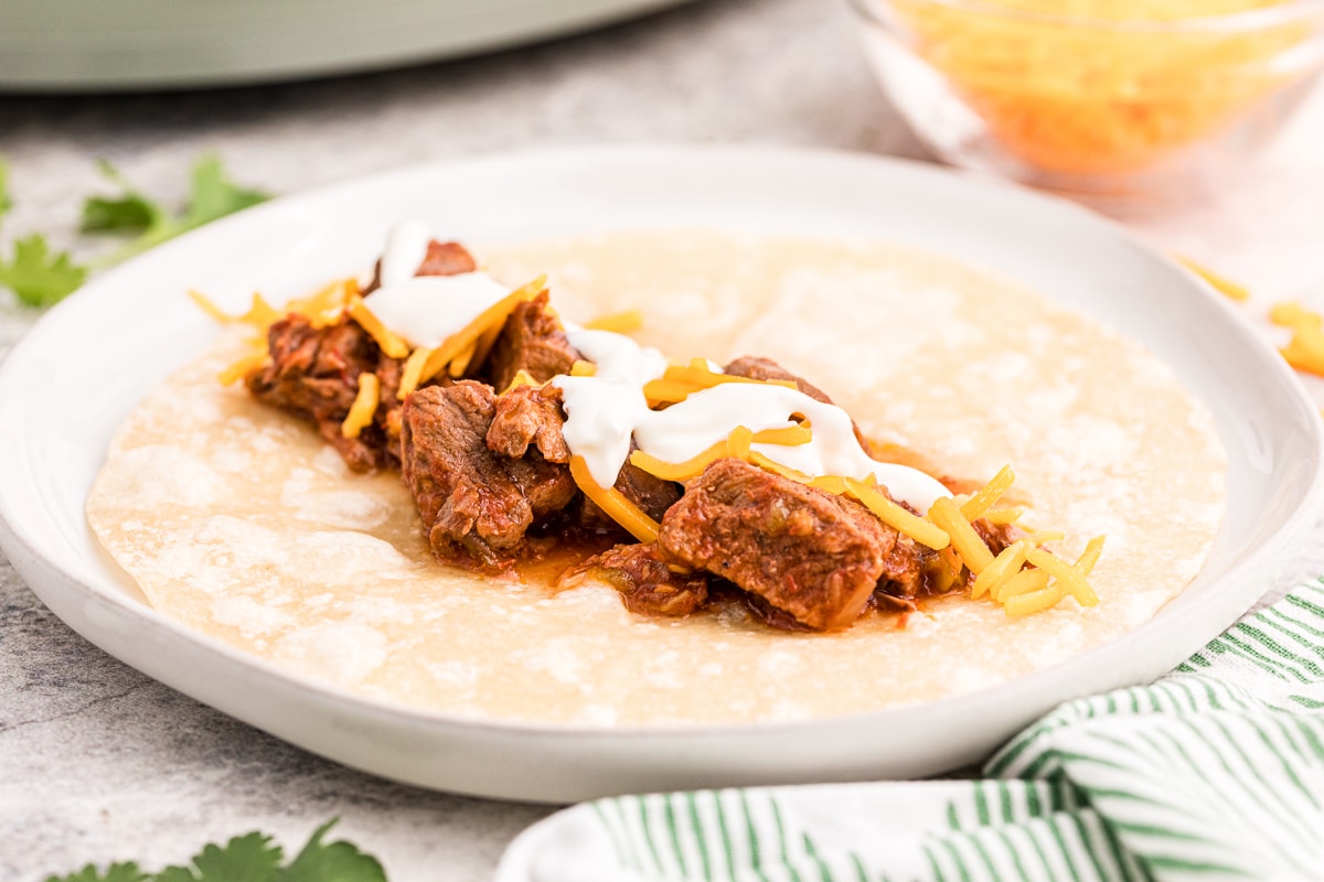 tortilla with steak burrito filling, cheese and sour cream.