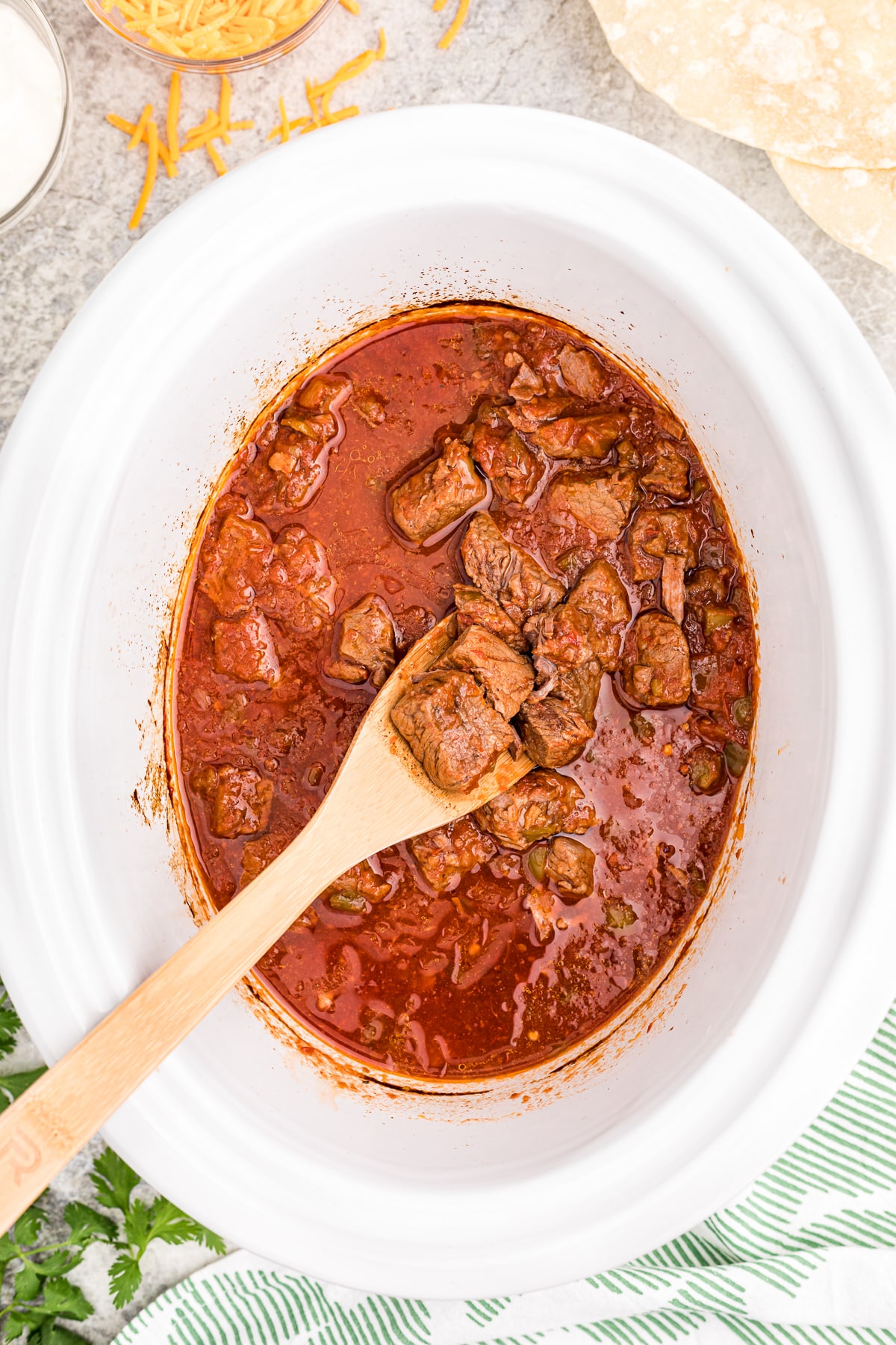 steak burrito filling in slow cooker.