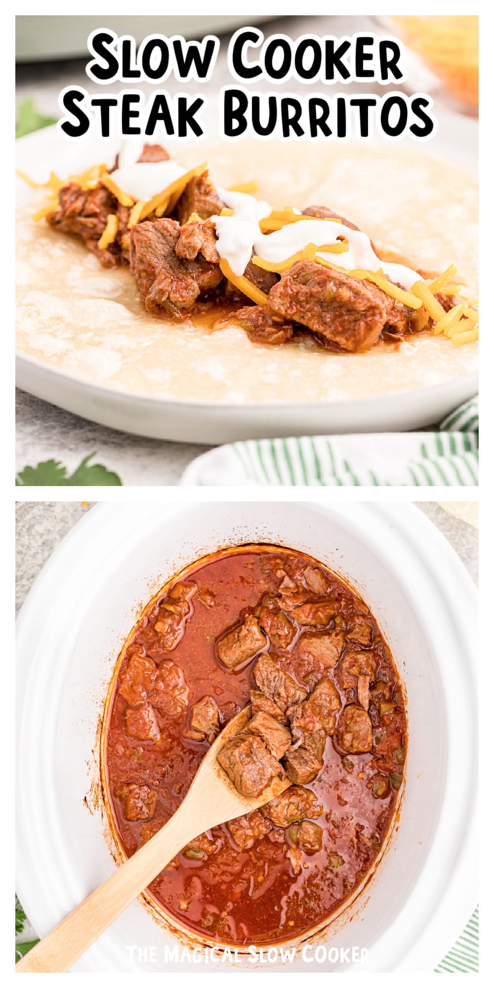 long image of steak burritos for pinterest.