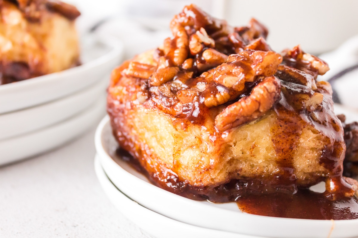 sticky bun on white plate.