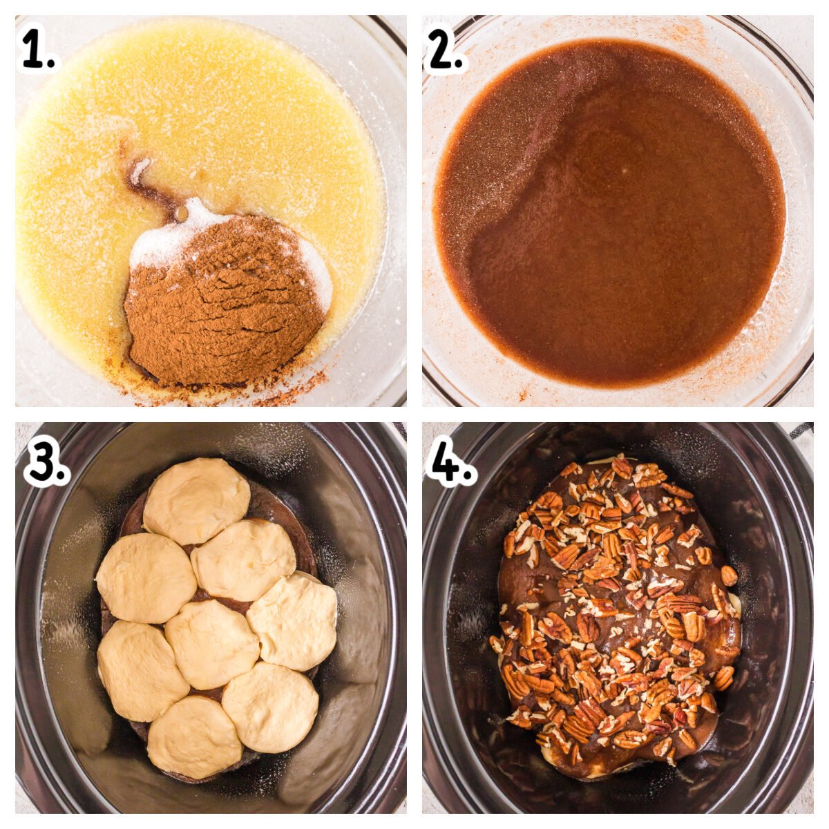 Four images about how to assemble sticky buns in a slow cooker.