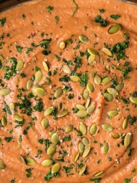 overhead shot of sweet potato soup in crockpot.