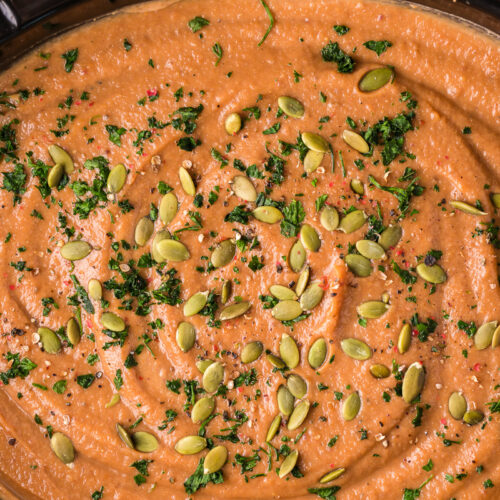 overhead shot of sweet potato soup in crockpot.