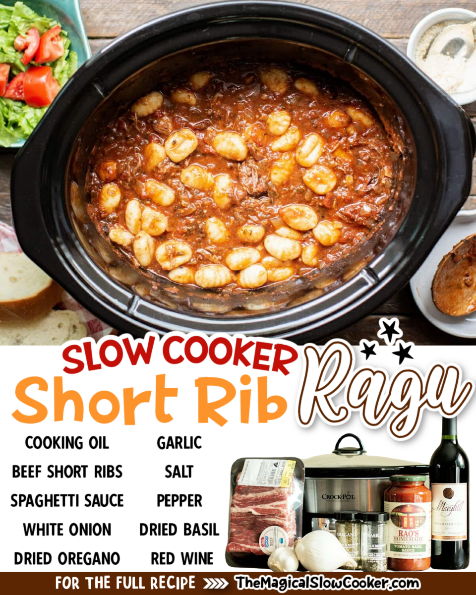 Collage of short rib ragu images with text of what the ingredients are for facebook or pinterest.