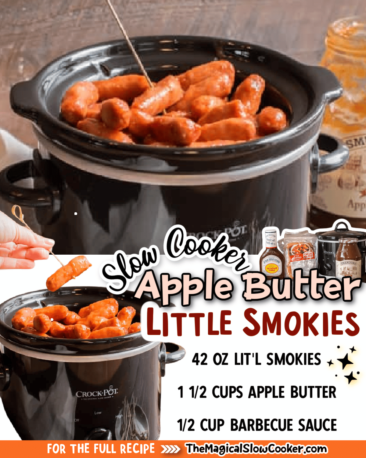 Collage of apple butter little smokie images with text of what the ingredients are for facebook or pinterest.