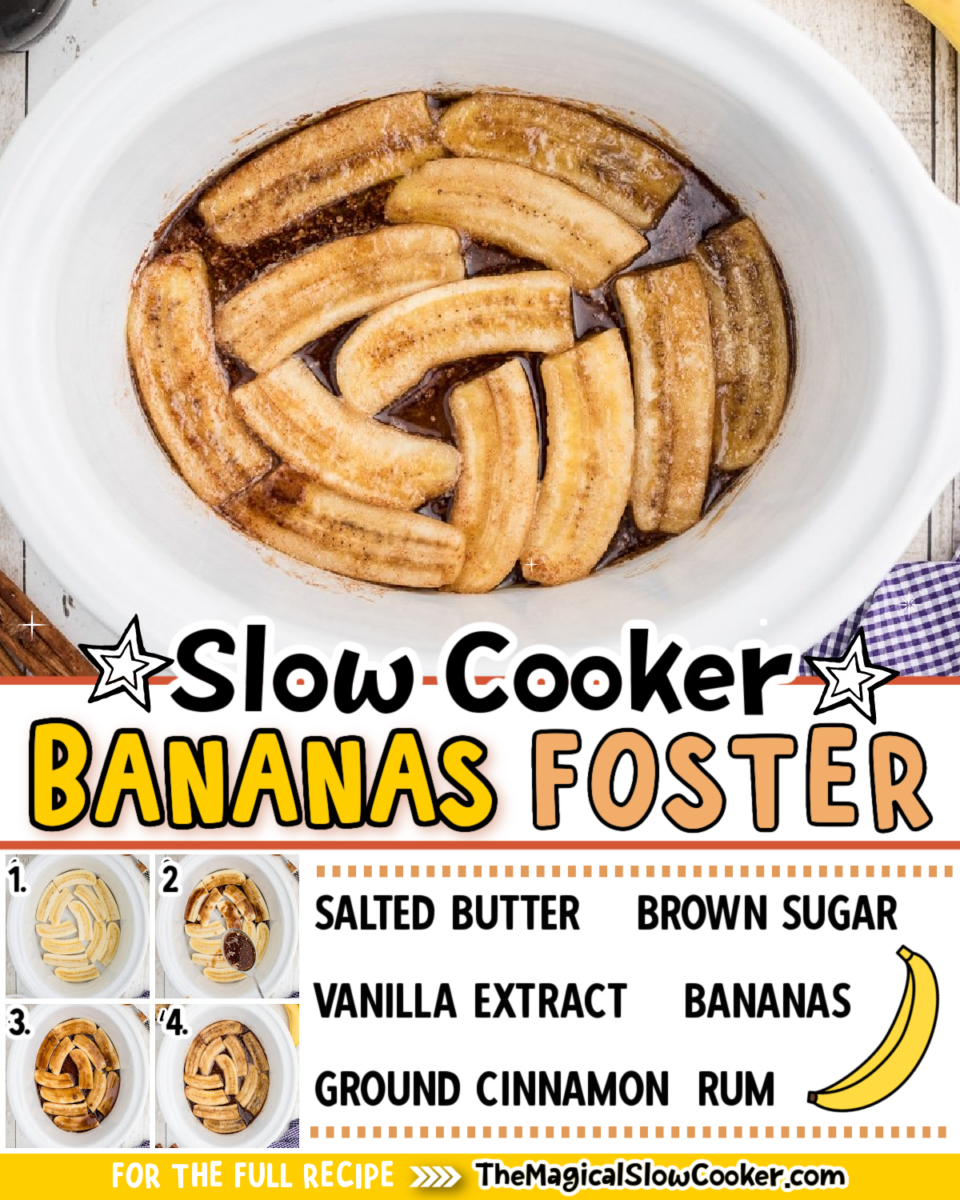 Collage of bananas foster images with text of what the ingredients are for facebook or pinterest.