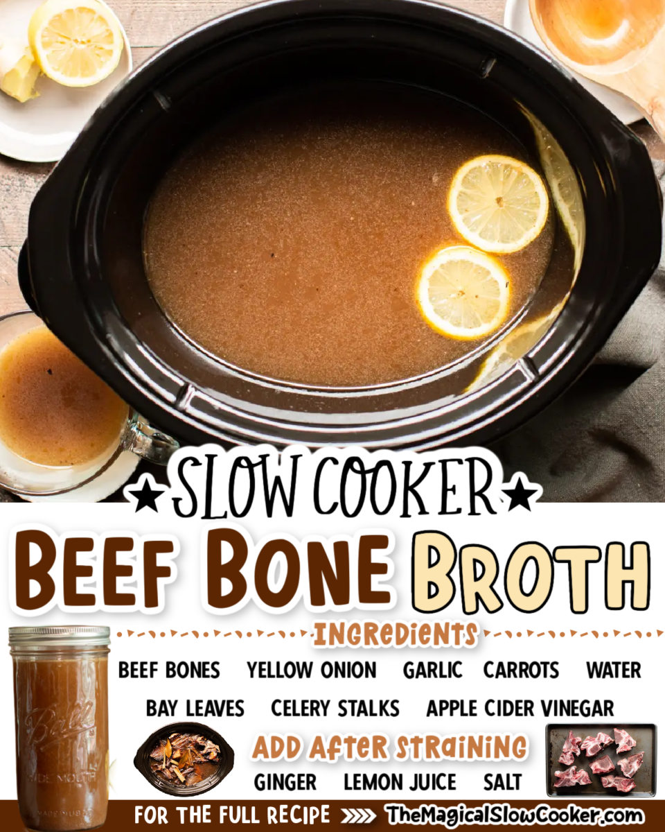 Collage of bone broth images with text of what the ingredients are for facebook or pinterest.